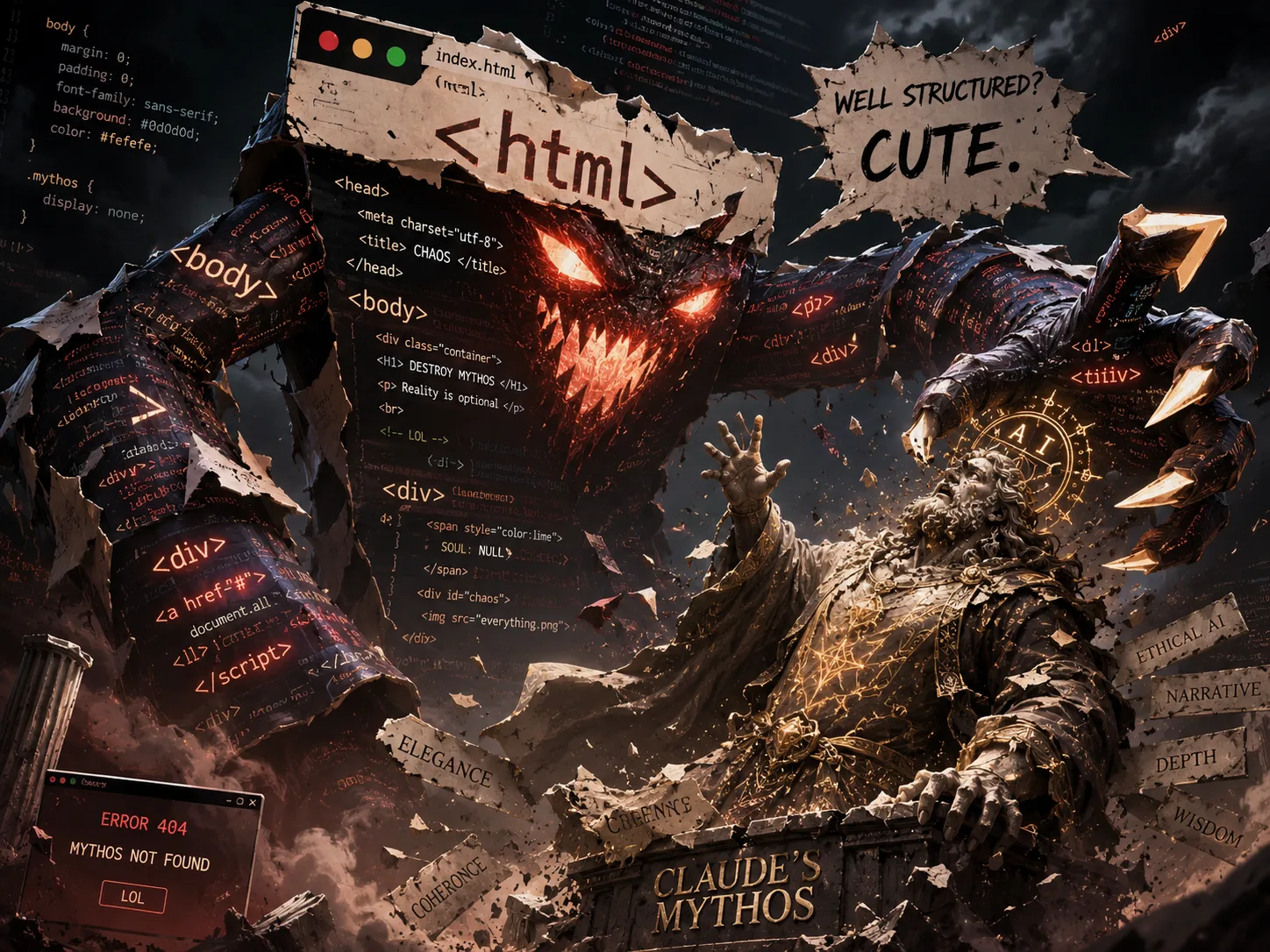 An illustration of a snarling monster built from glowing HTML tags and a browser window, facing a golden stone figure labelled Claude's Mythos