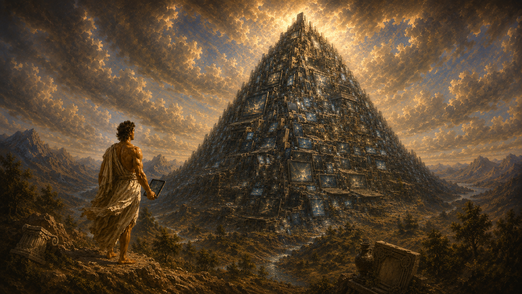 A toga-clad figure holding a tablet, gazing up at a vast mountain-pyramid of stonework rising into a golden sky, the mountain of possible software