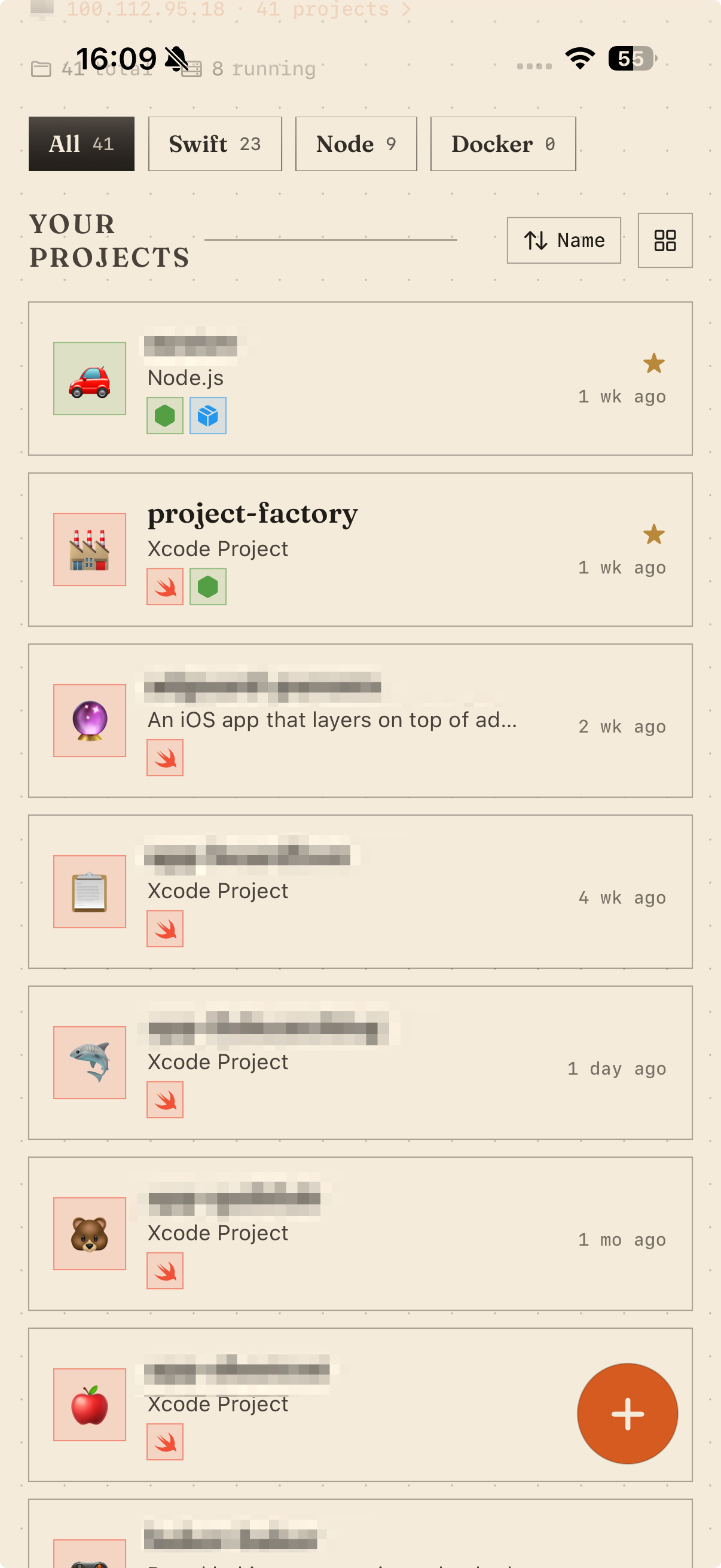 Project Factory's home screen on iPhone: 41 projects with All, Swift, Node and Docker filter tabs above a scrollable list