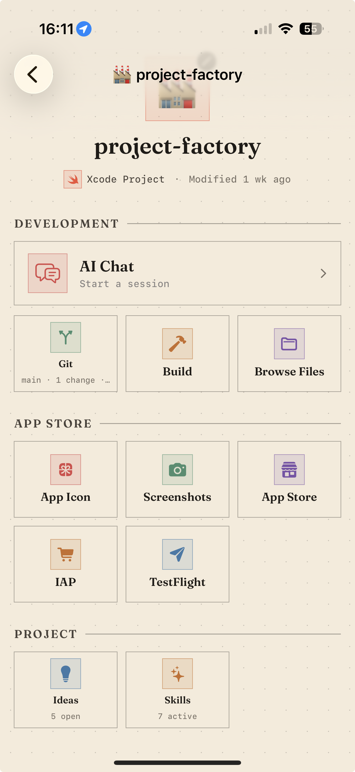 A single project open in Project Factory, showing AI Chat, Git, Build and Browse Files alongside App Store Connect actions like App Icon, Screenshots and TestFlight